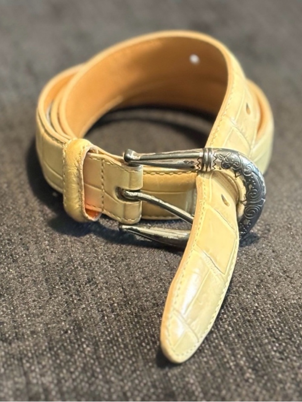 Brighton Cream Croc Embossed Leather Belt Silver Ornate Western Buckle Vintage M